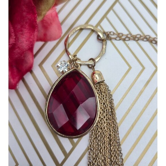 Veronese Signed Gold Tone Tassel Red Teardrop & Crystal Pendant Necklace 32" - Picture 2 of 11